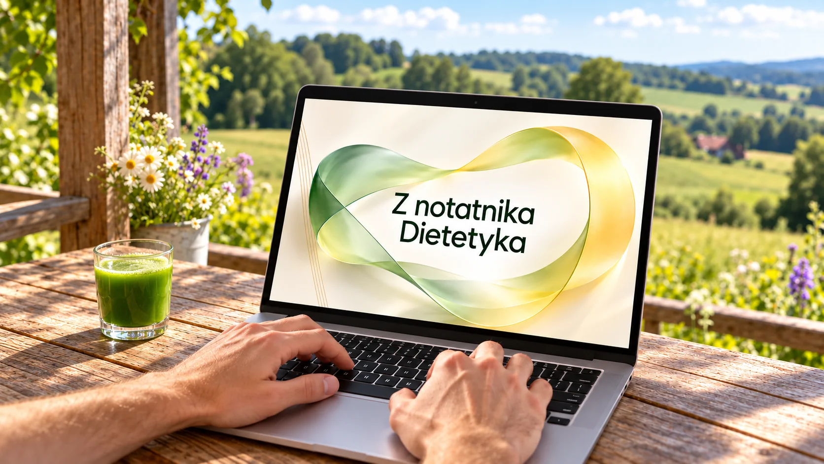Laptop z napisem „Z notatnika Dietetyka” na tle zielonych łąk, obok szklanka zielonego napoju