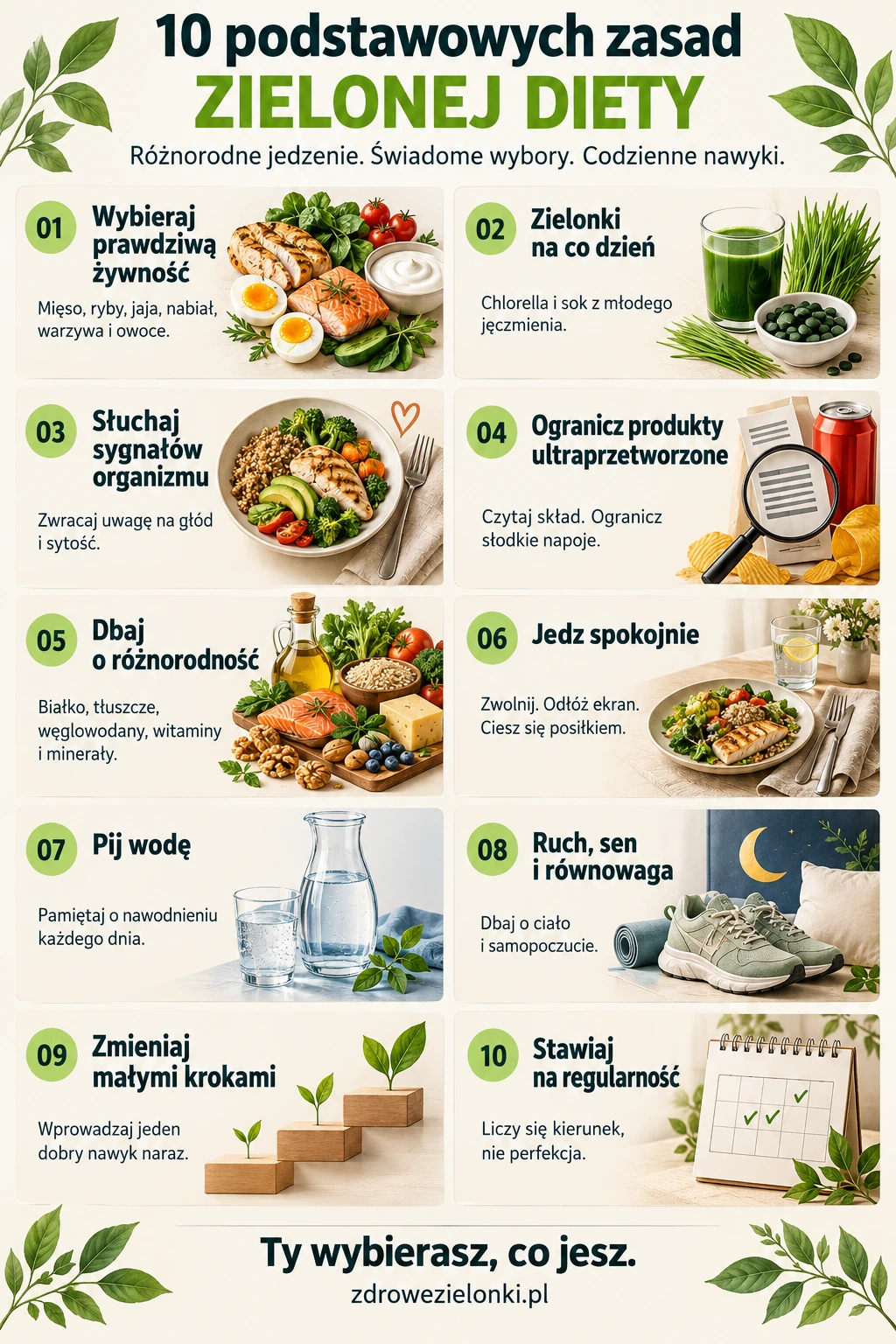 Infografika: 10 zasad Zielonej Diety - różnorodna żywność, mięso, ryby, jaja, nabiał, warzywa, owoce i zielonki oraz codzienne zdrowe nawyki.